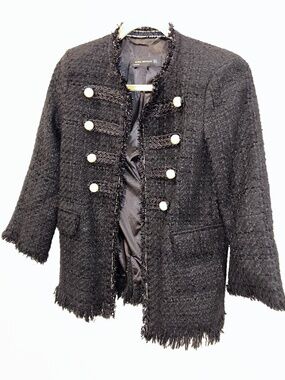 Zara Woman Gorgeous Black boucle fringe trim coco jacket S